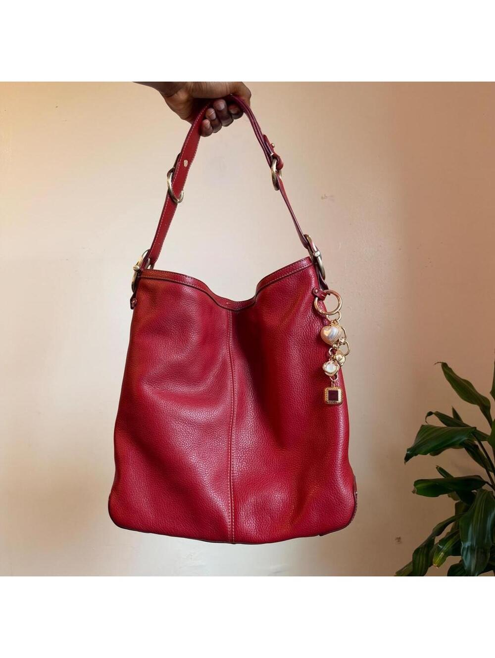 Y2K Liz Claiborne Red Pebbled Leather Hobo Shoulder Bag with Charm